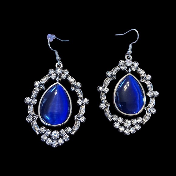 Cobalt Blue Teardrop Surrounded by Rhinestone Drop Earrings - Picture 1 of 8